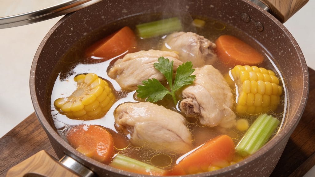 Steaming chicken soup in a Hommix pot with corn on the cob, carrots, celery, and a parsley garnish