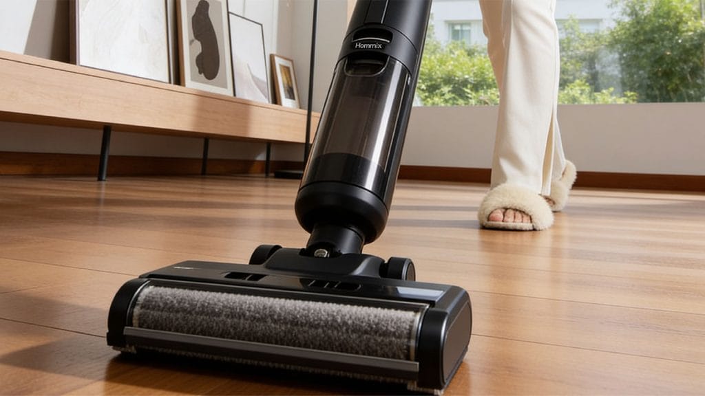 A person using a Hommix cordless wet and dry vacuum cleaner on a wooden floor