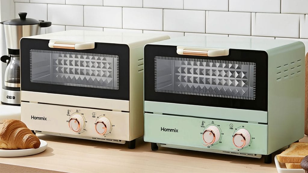 Two Hommix toaster ovens in cream and mint green with rose gold dials on a kitchen counter