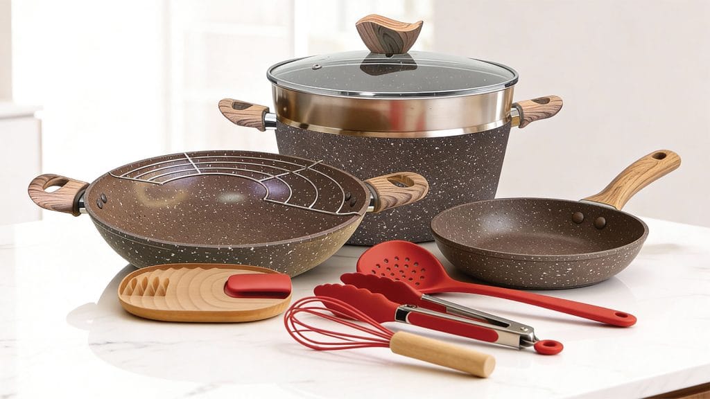 Brown speckled Hommix cookware set with wood-grain handles, including a stockpot, wok, frying pan, and red utensils